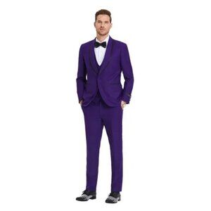 New Tazio Birdseye Textured Black Purple Tuxedo | Shawl Collar Satin Trim 3-Piec